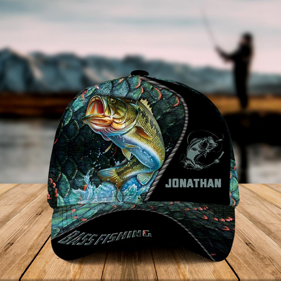 Personalized Bass Fishing Cap with custom Name, Fish Scales Green NNH0117B03SA