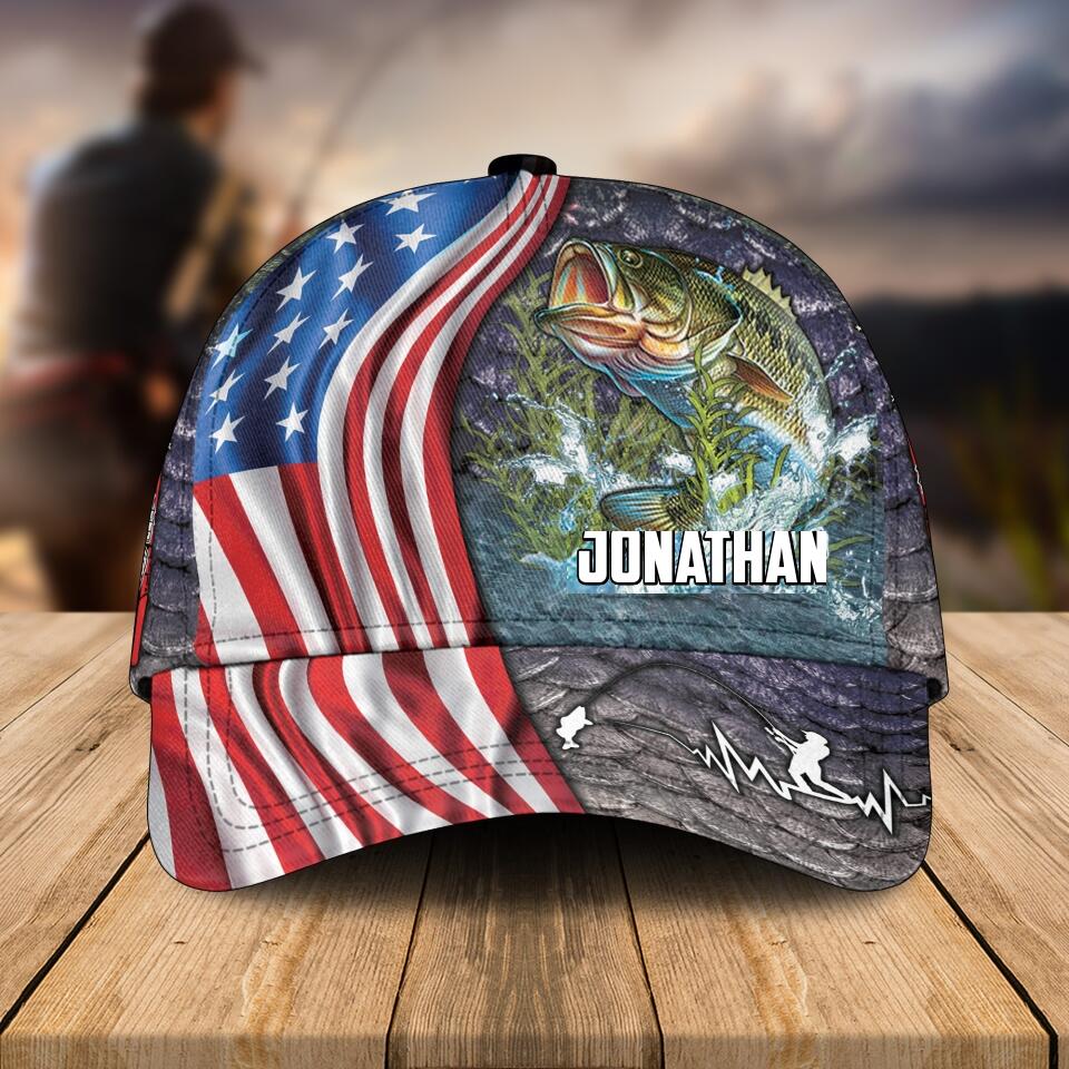 Custom Personalized Bass Fishing Cap with custom Name, Us Flag Fish Aholic NNH0221B01SA1